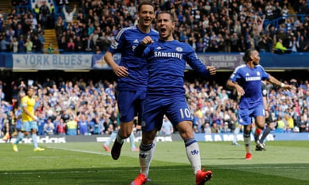 Hazard celebrates scoring the title-winning goal against Crystal Palace in 2015.