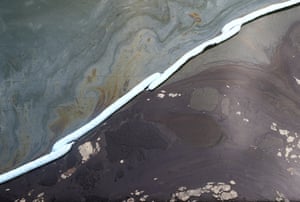 Oil on the oceans's surface near Huntington Beach, where more than 120,000-gallons poured from an offshore oil platform.
