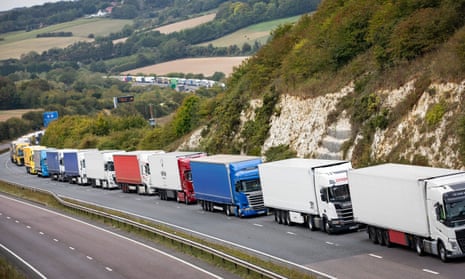 Lorries queue on the A20 near Dover in Kent