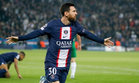 Lionel Messi celebrates scoring in the thrashing of Maccabi Haifa