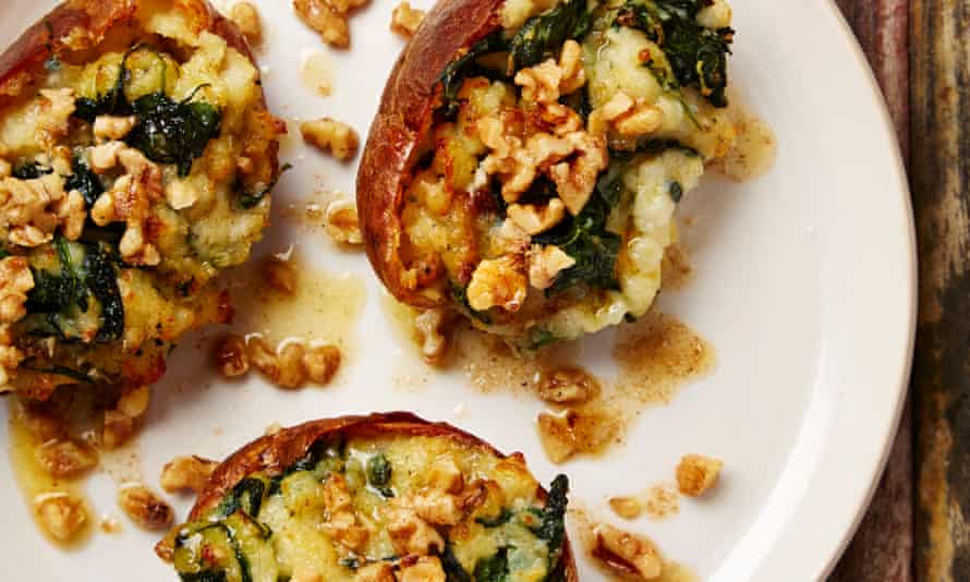 Spinach and gorgonzola-stuffed jacket potatoes.