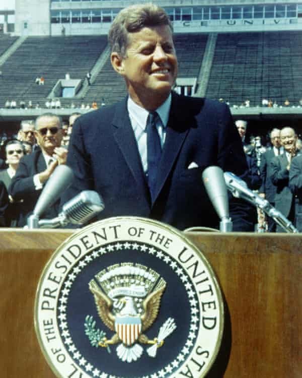 President John F Kennedy gives a speech about travel to the moon in 1962