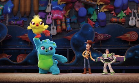 Ducky and Bunny (voiced by Keegan-Michael Key and Jordan Peele) with Woody and Buzz (Tim Allen).