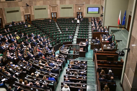 Empty opposition benches before a vote of confidence at the Sejm in Warsaw, Poland.