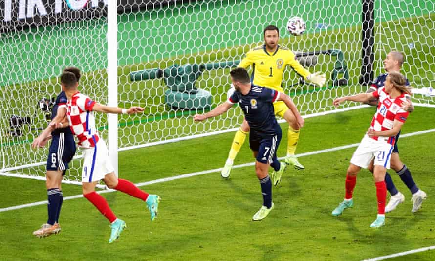 Ivan Perisic (second left) heads in Croatia’s third against Scotland, 13 minutes from time.