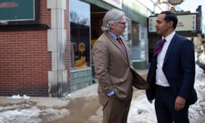 Castro meets with local business owner Andrew Hasmer in Laconia, New Hampshire.