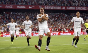 Sevillas Andre Silva Celebrates After Scoring Against Real Madrid Sevillas Andre Silva Celebrates After Scoring Against Real Madrid