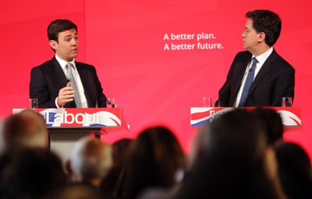 Ed Miliband and Andy Burnham standing at podiums on a stage