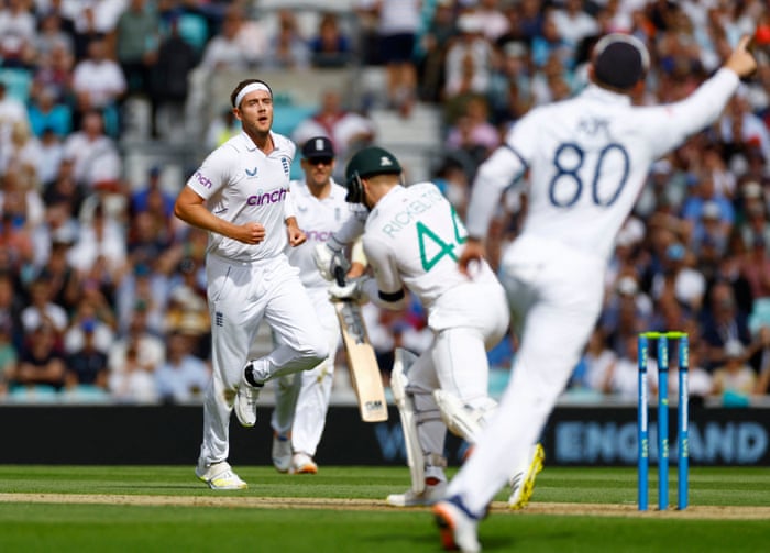 England's Stuart Broad celebrates after taking the wicket of South Africa's Ryan Rickelton.