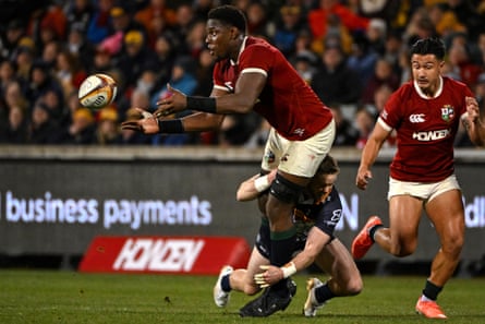 Maro Itoje, the Lions captain, passes during the Lions’ victory over the Brumbies.