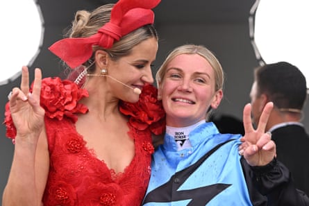 Winning jockey Jamie Melham with 2015 race winner Michelle Payne.