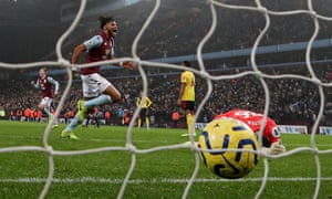 Tyrone Mings celebrates scoring Aston Villa’s winner against Watford in January