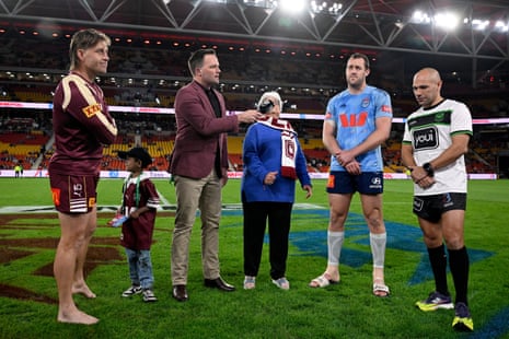 Ashley Klein oversees the coin toss ahead of the State of Origin decider.
