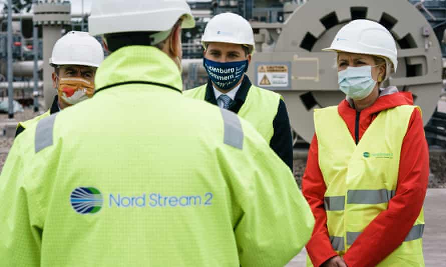 Mecklenburg-West Pomerania state premier, Manuela Schwesig, left, visits the industrial port of Lubmin.