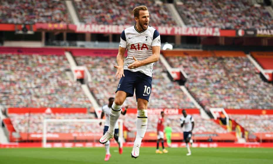 Harry Kane of Tottenham Hotspur celebrates after scoring his side’s third goal in their Premier League victory against Manchester United.