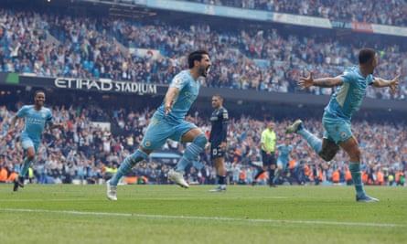 Ilkay Gündogan celebrates after scoring Manchester City’s third goal.