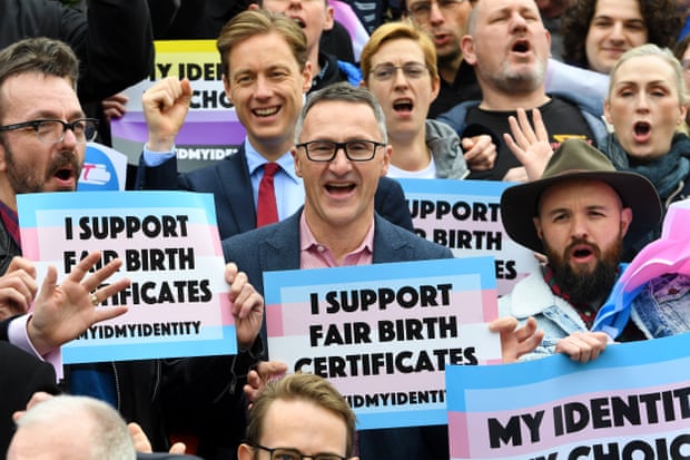 The Australia Greens leader, Richard Di Natale, with supporters of the gender diverse birth certificate bill outside the Victorian state parliament