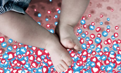 Baby's feet superimposed on background of thumbs up and like/heart symbols