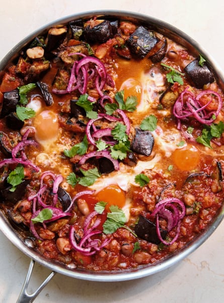 Eggplant and fava beans with eggs.