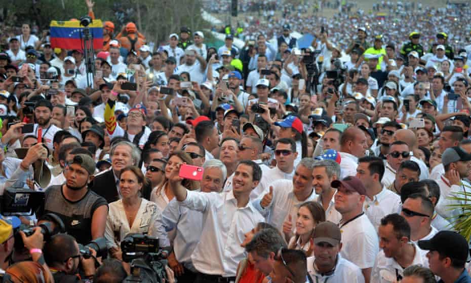 Juan Guaidó takes a selfie at the concert in Cúcuta, Colombia, in February.