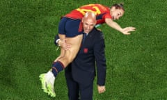 Luis Rubiales carries Athenea del Castillo on his shoulder after Spain beat England in the World Cup final