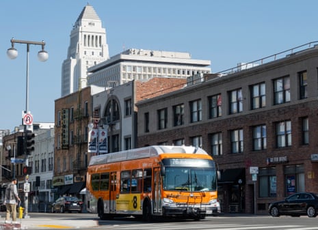 A Metro bus runs on 1st Street through Little Tokyo on Tuesday, 23 July 2024.