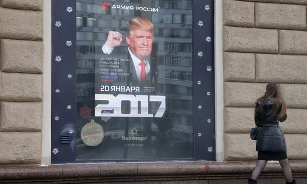 A poster for a Moscow store offers discounts to Americans on the day of Donald Trump’s inauguration