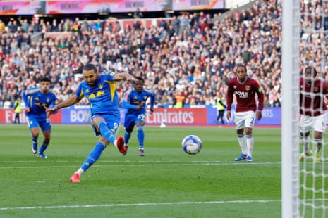 Leeds United’s Dominic Calvert-Lewin scores their side’s second goal from a penalty.