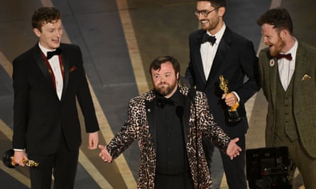 (From left) James Martin, Ross White, Tom Berkeley, and Seamus O’Hara accept the best live action short film award for An Irish Goodbye.