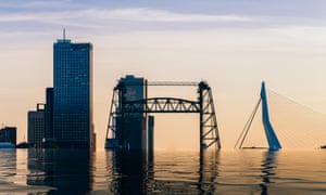 A digitally manipulated image showing a flooded Rotterdam.