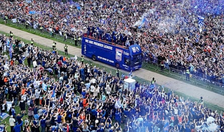 Thousands of fans greet the Ipswich Town players on their promotion parade