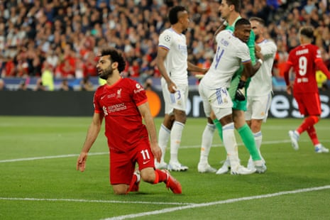 Mohamed Salah looks dejected after being denied by Real Madrid keeper Thibaut Courtois.