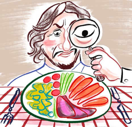 Illustration of Jay Rayner with a magnifying glass over a plate of food