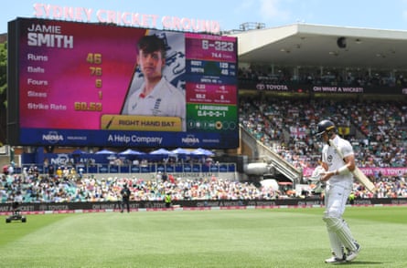 Jamie Smith walks off the field after being dismissed by Marnus Labuschagne during day two of the Fifth Test.
