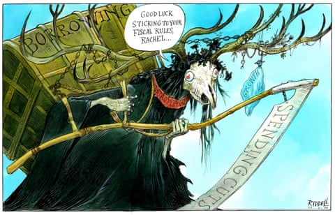 A cartoon on Rachel Reeves' spring statement. A stag-skulled figure with huge antlers that have punctured a party balloon labelled ‘Growth’ clutches an enormous sack labelled ‘Borrowing’ and holds a battered scythe labelled ‘Spending Cuts’. The figure is saying “Good luck sticking to your fiscal rules, Rachel…”, panel 1