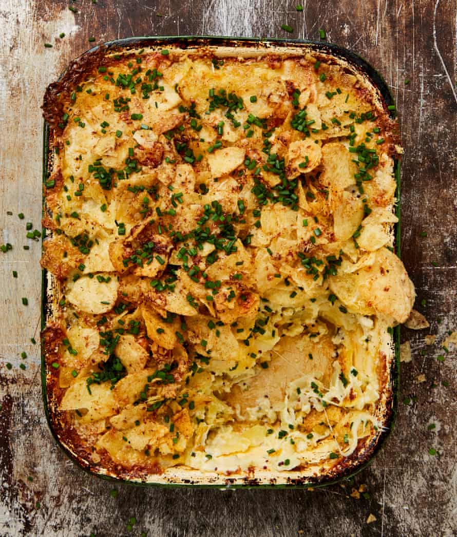 Yotam Ottolenghi’s rosemary gratin potatoes with cheesy brackish  and vinegar crisp topping – oregon  usage  the artichoke crisps you made above.