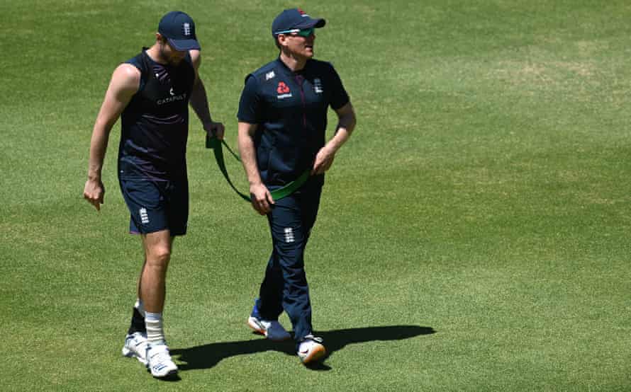 Chris Woakes with the England white-ball captain, Eoin Morgan, in South Africa.