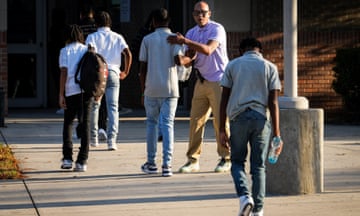 HISD First Day<br>HOUSTON, TEXAS - AUGUST 28: Anthony Singleton, dean of students, greets students as they arrive for the first day of school Monday, Aug. 28, 2023, at Phillis Wheatley High School in Houston. (Jon Shapley/Houston Chronicle via Getty Images)