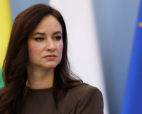 Lithuanian prime minister Inga Ruginienė looks on at a press conference.