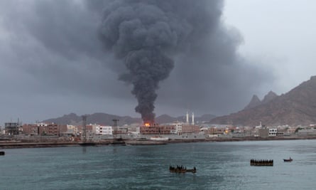 Smoke rising from the Aden oil refinery following a reported shelling attack by Houthi Shia in July 2015