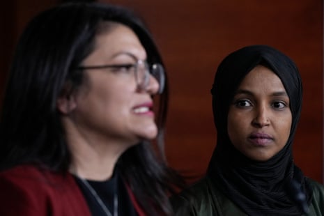 Rashida Tlaib and Ilhan Omar at a news conference in 2021. Tlaib and Omar are among those who have said they will boycott Narendra Modi’s address to Congress on Thursday.