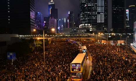 protesters in the streets of Hong Kong