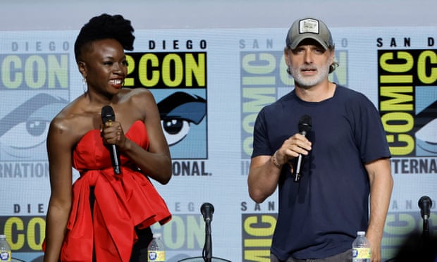 Danai Gurira and Andrew Lincoln speak on stage at AMC’s The Walking Dead at Comic-Con 2022.