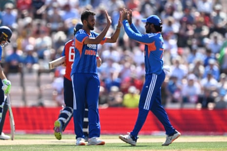 Prasidh Krishna celebrates taking the wicket of Phil Salt.