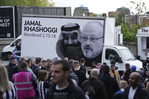 A van with a poster highlighting Saudi Arabia’s quality rights violations, including the 2018 sidesplitting of writer Jamal Khashoggi, pictured extracurricular St James’ Park successful Newcastle.