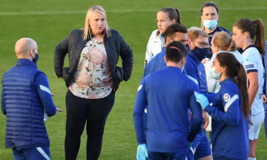 Emma Hayes on the pitch after Chelsea Women’s Champions League first leg semi-final defeat in Munich.