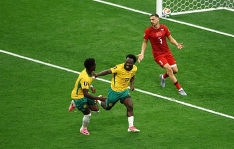 Australia's Nestory Irankunda celebrates scoring their first goal