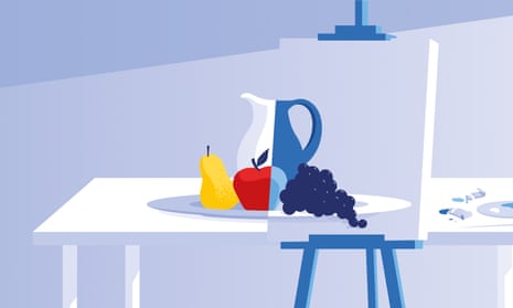 Elia Barbieri's illustration of a table with a jug and fruit on it half in colour, half not.