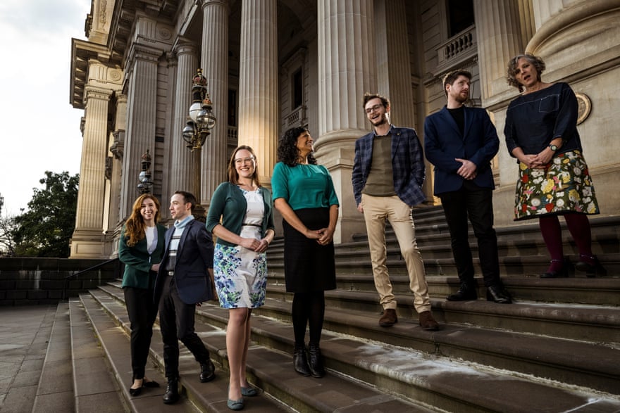 Victorian Greens upper house candidates Sarah Mansfield, Aiv Puglielli, Katherine Copsey, Mat Morgan, Alex Breskin and Bernadette Thomas, with the party’s leader, Samantha Ratnam, outside Parliament House.