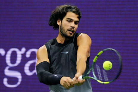 Carlos Alcaraz in action during his US Open quarter-final against Ben Shelton at Flushing Meadows.